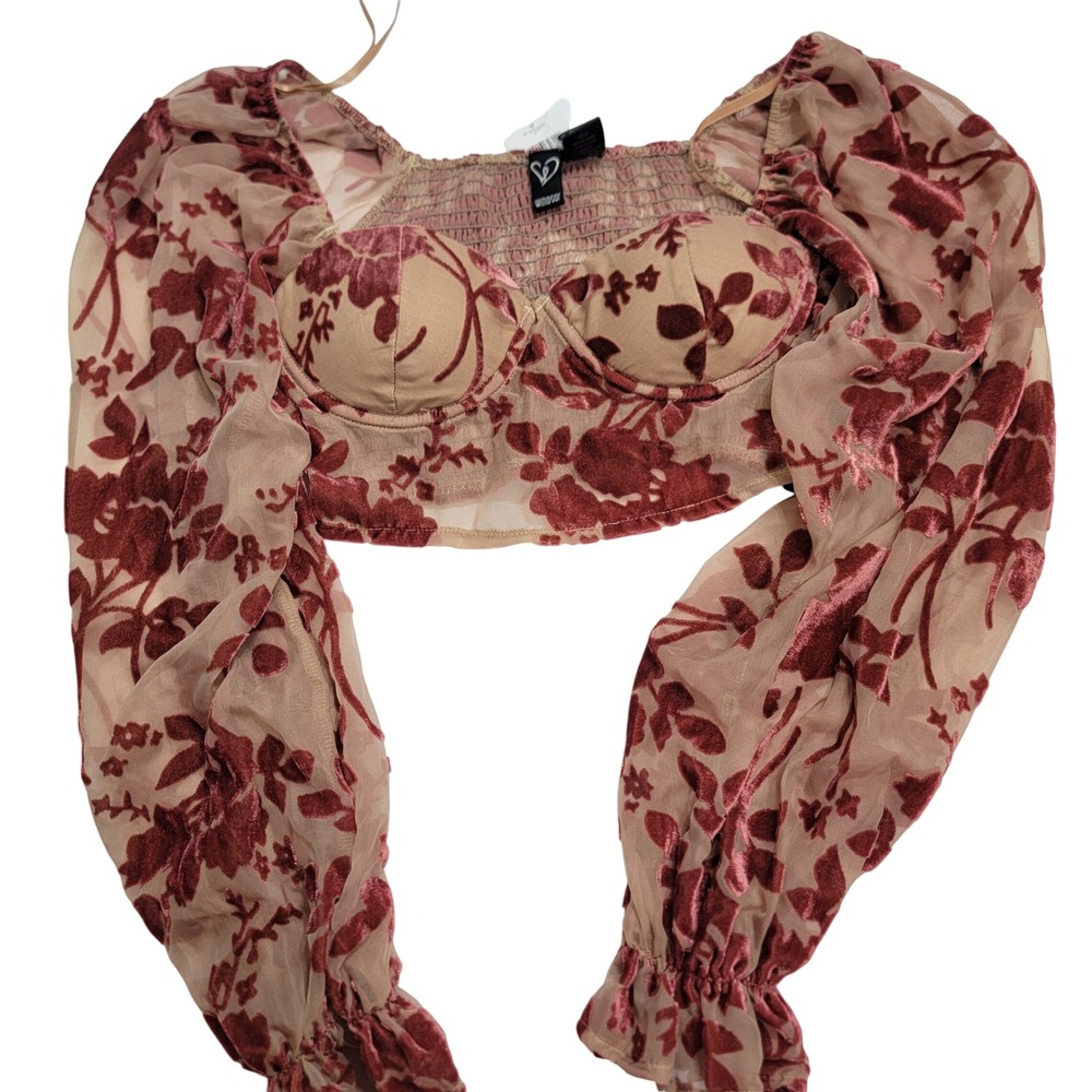 Windsor Velvet Burnout Floral Bustier Crop Top XS‎ Babyboll Blouson Long Sleeve